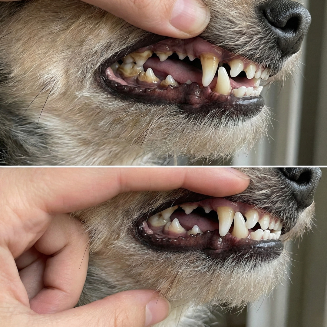 Dog teeth before and after using PupSmile dental powder